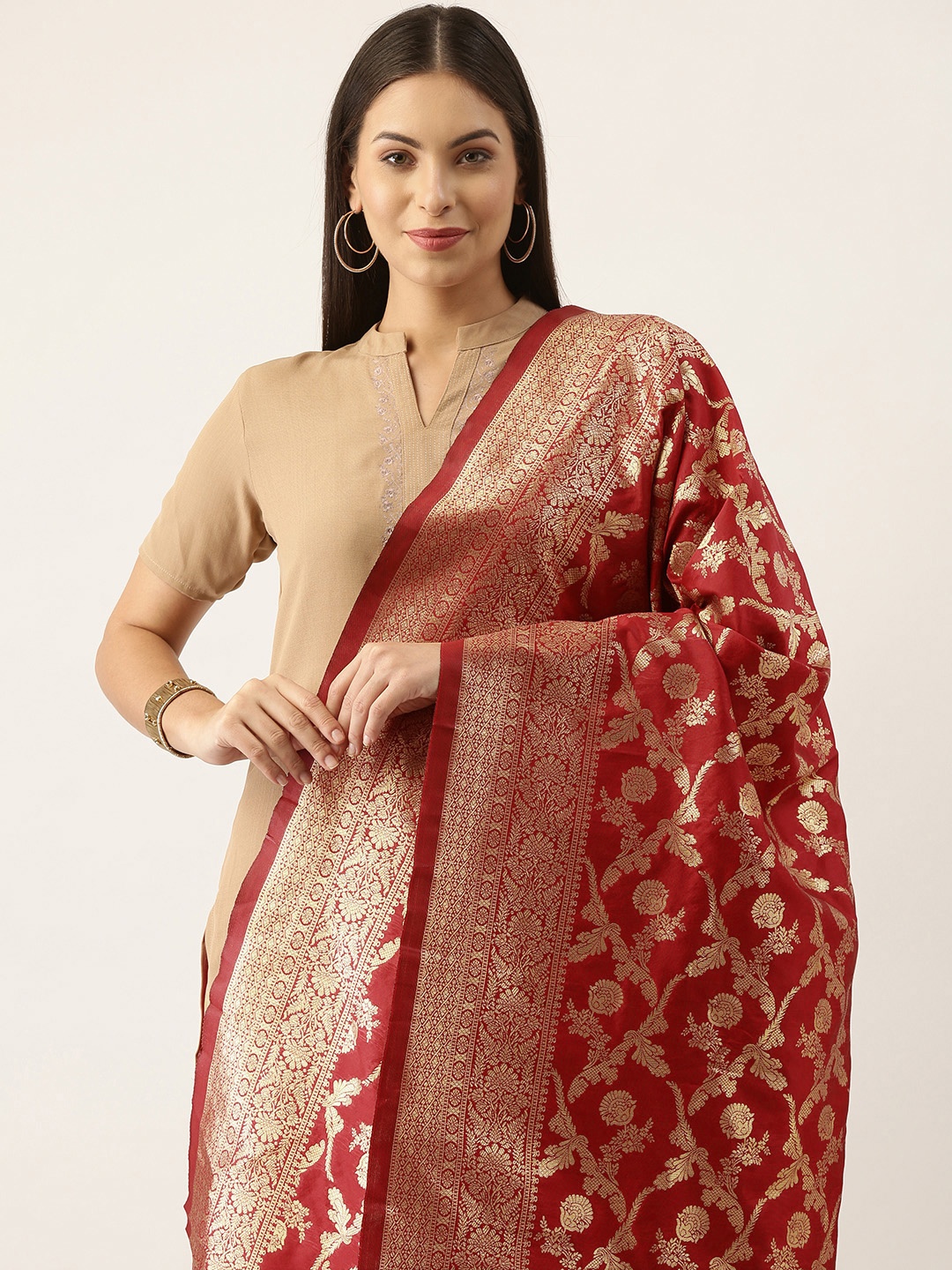 

Silk Land Red & Gold-Toned Ethnic Motifs Woven Design Pure Banarasi Silk Dupatta