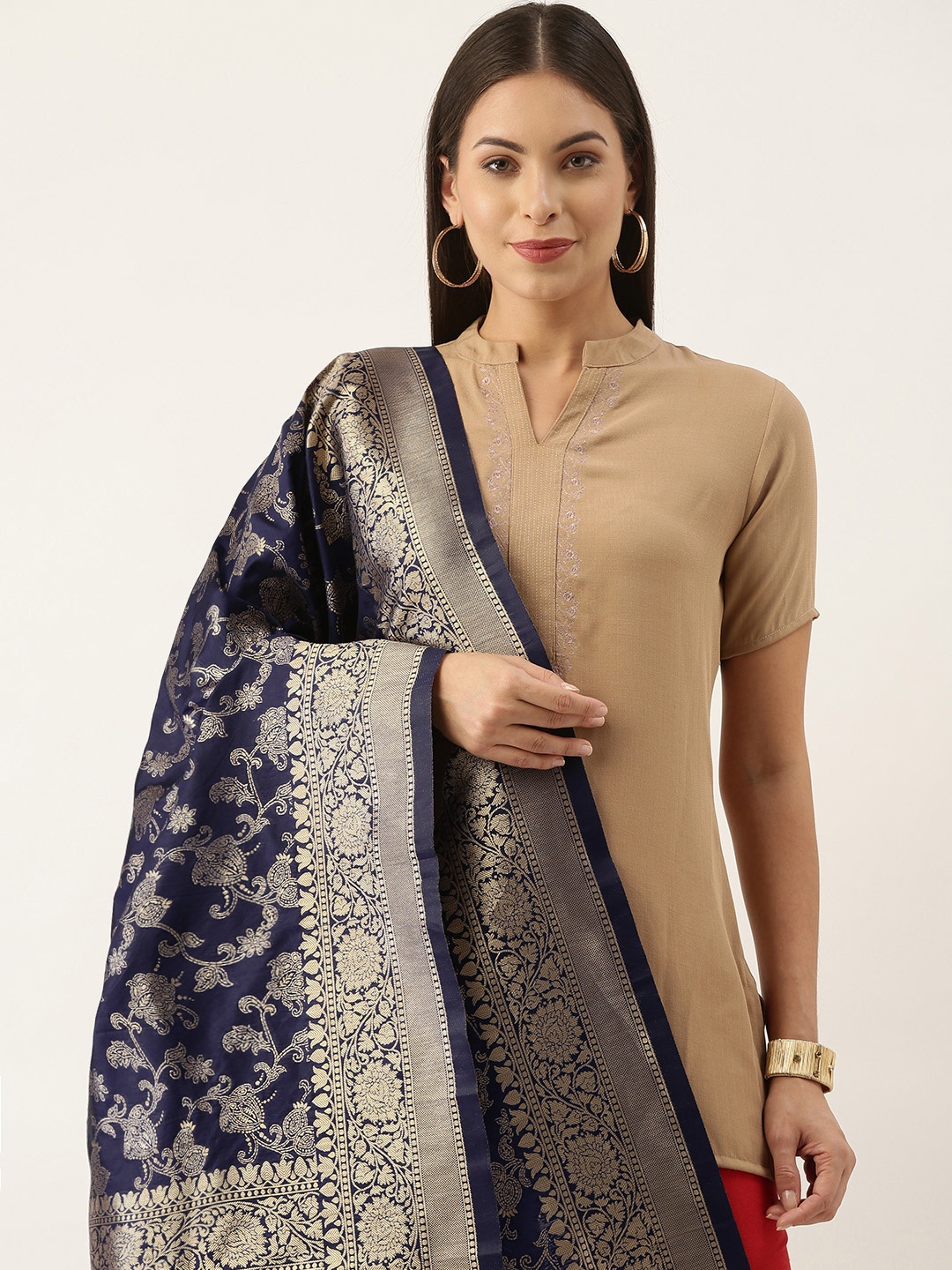 

Silk Land Navy Blue & Gold-Toned Woven Design Pure Silk Dupatta with Zari