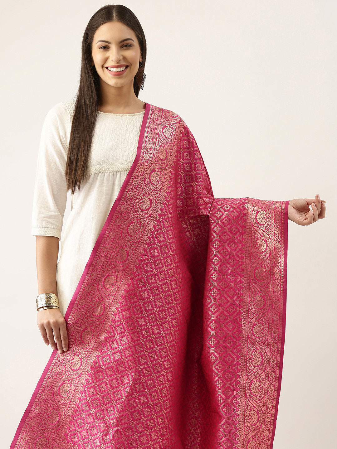 

Silk Land Pink & Gold-Toned Ethnic Motifs Woven Design Pure Banarasi Silk Dupatta