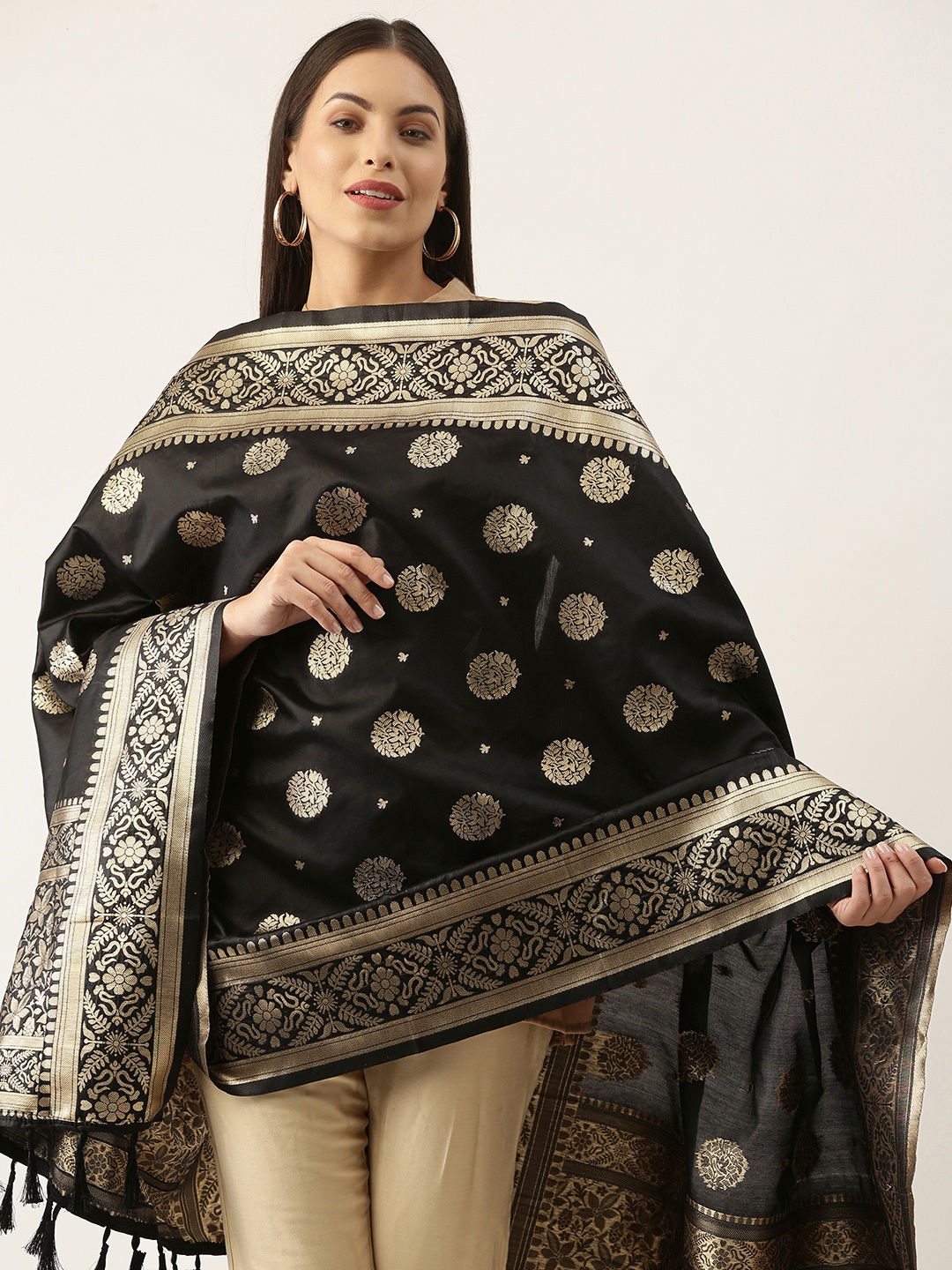 

Silk Land Black & Gold-Toned Ethnic Motifs Woven Design Pure Banarasi Silk Dupatta