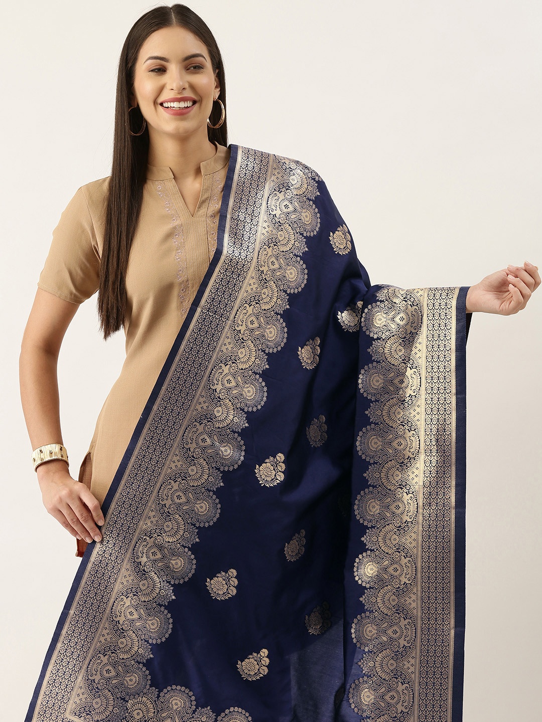 

Silk Land Navy Blue & Gold-Toned Woven Design Pure Silk Dupatta with Zari