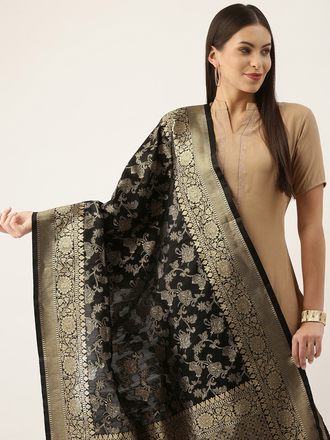 

Silk Land Black & Gold-Toned Ethnic Motifs Woven Design Pure Banarasi Silk Dupatta