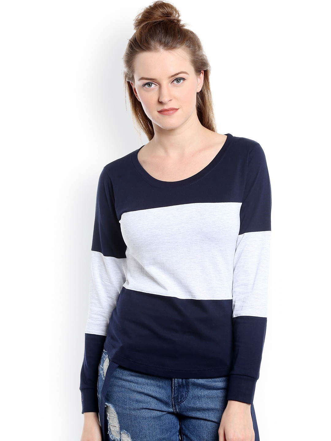 

The Dry State Women Navy Blue Striped Round Neck T-Shirt