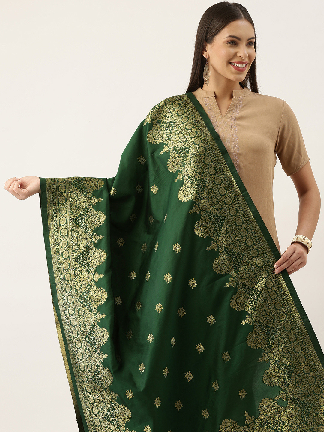 

Silk Land Green & Gold-Toned Ethnic Motifs Woven Design Pure Silk Dupatta with Zari