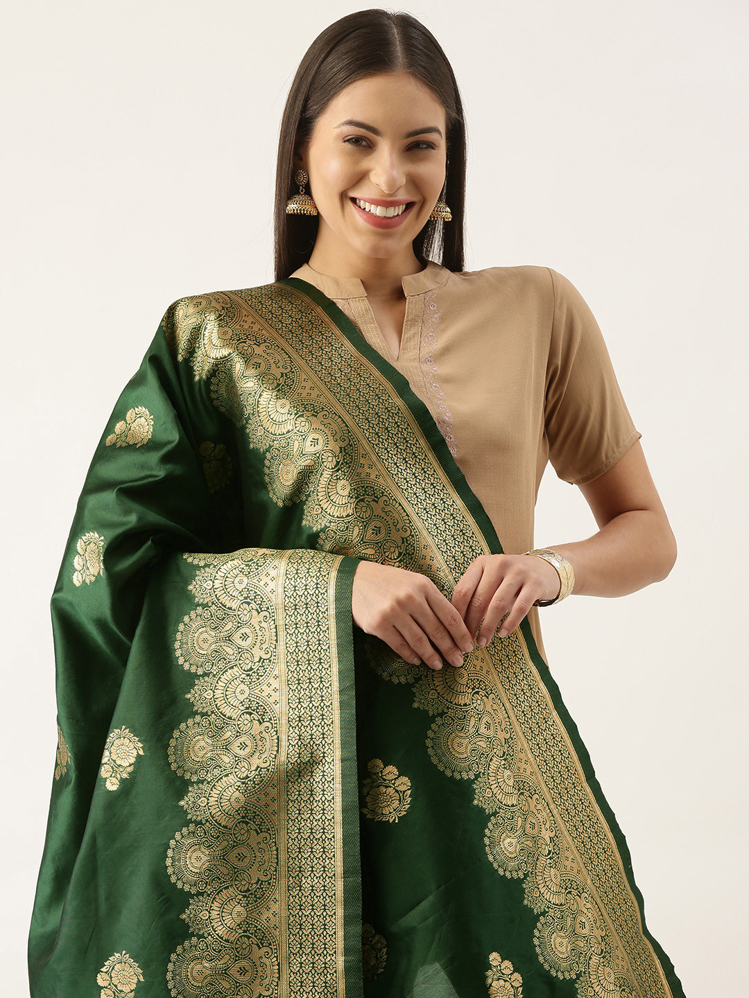 

Silk Land Green & Gold-Toned Ethnic Motifs Woven Design Pure Banarasi Silk Dupatta