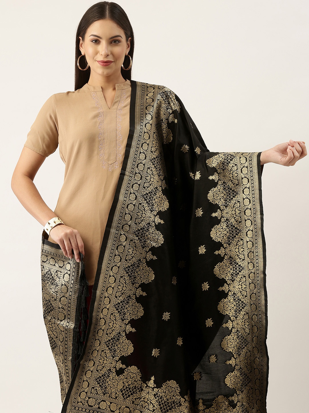 

Silk Land Black & Gold-Toned Ethnic Motifs Woven Design Pure Silk Dupatta with Zari