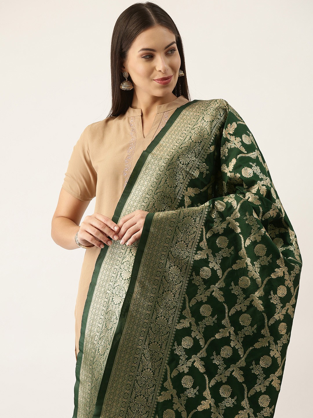 

Silk Land Green & Gold-Toned Woven Design Pure Banarasi Silk Dupatta