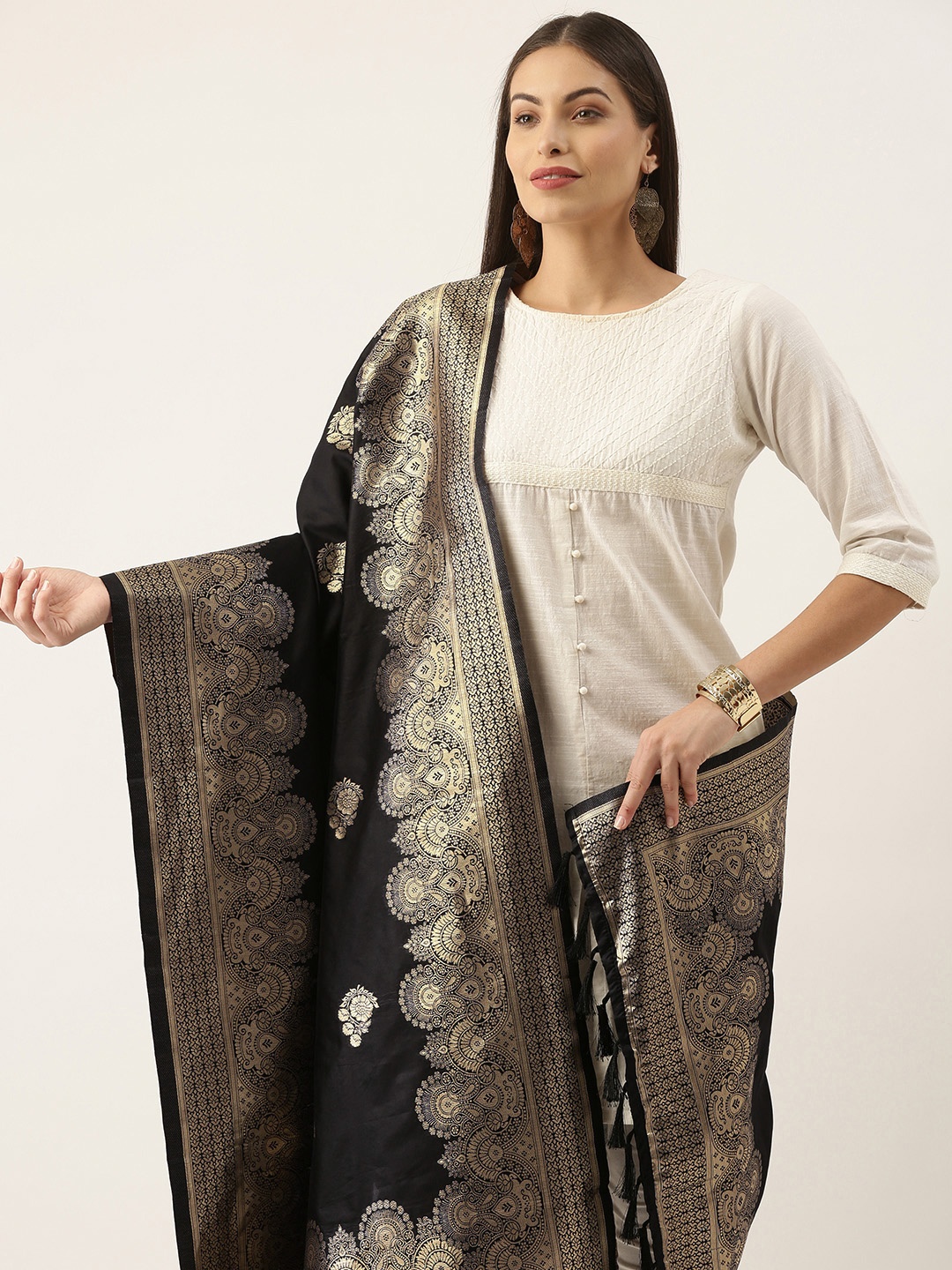 

Silk Land Black & Gold-Toned Ethnic Motifs Woven Design Pure Banarasi Silk Dupatta