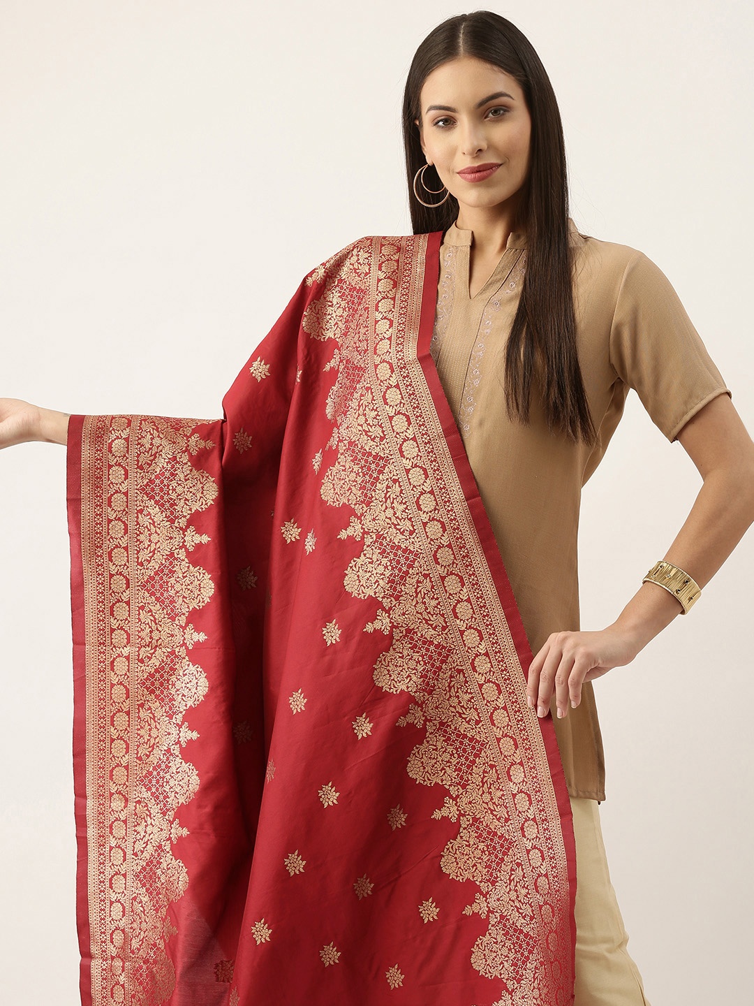 

Silk Land Red & Gold-Toned Ethnic Motifs Woven Design Pure Banarasi Silk Dupatta