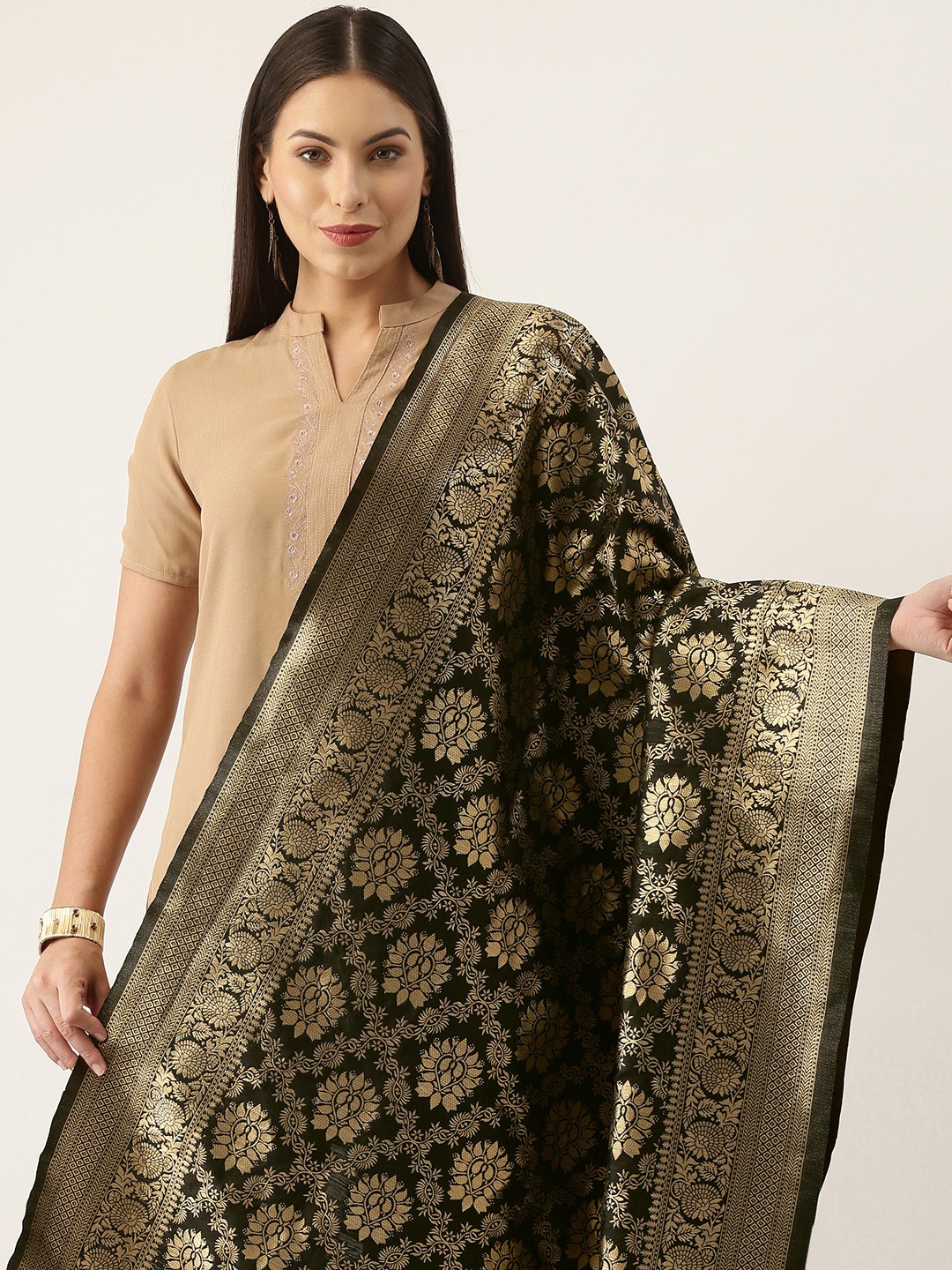 

Silk Land Black & Gold-Toned Ethnic Motifs Woven Design Pure Banarasi Silk Dupatta