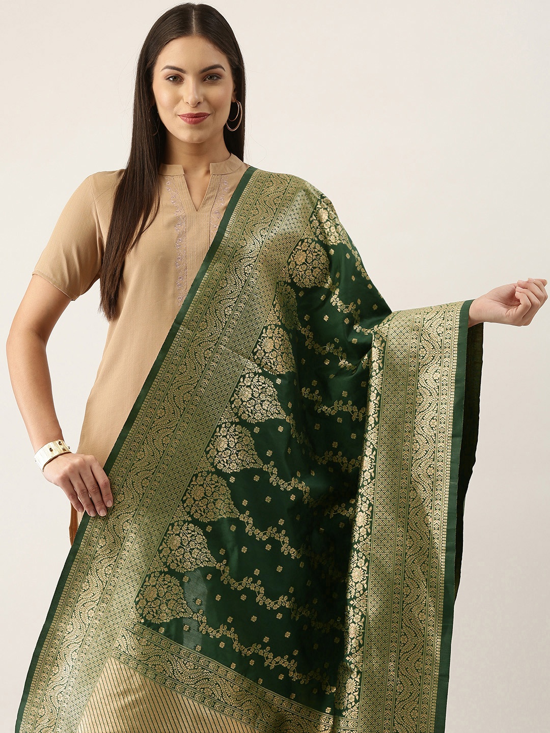 

Silk Land Green & Gold-Toned Ethnic Motifs Woven Design Pure Banarasi Silk Dupatta