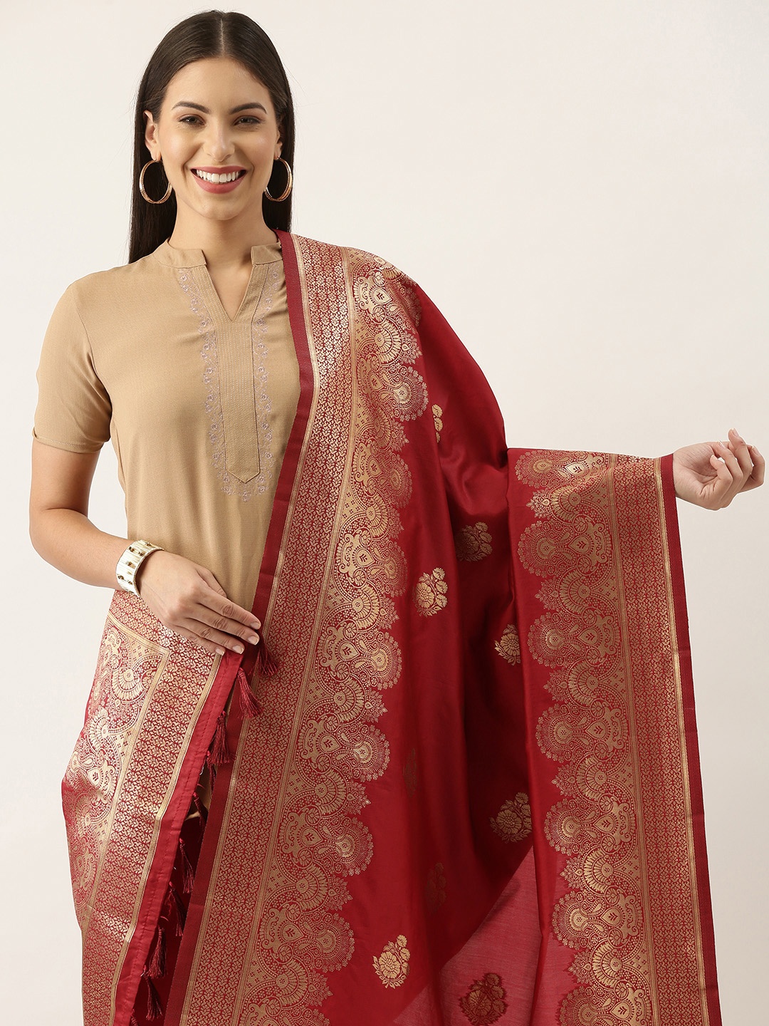 

Silk Land Red & Gold-Toned Ethnic Motifs Woven Design Pure Banarasi Silk Dupatta