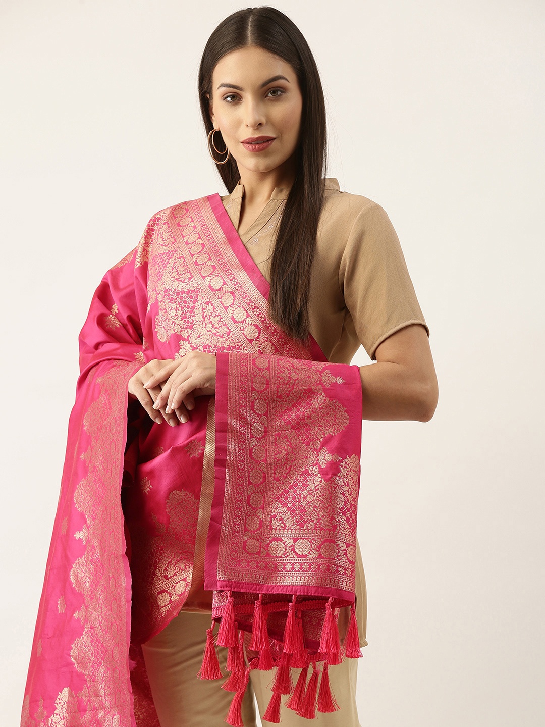 

Silk Land Pink & Gold-Toned Ethnic Motifs Woven Design Pure Banarasi Silk Dupatta