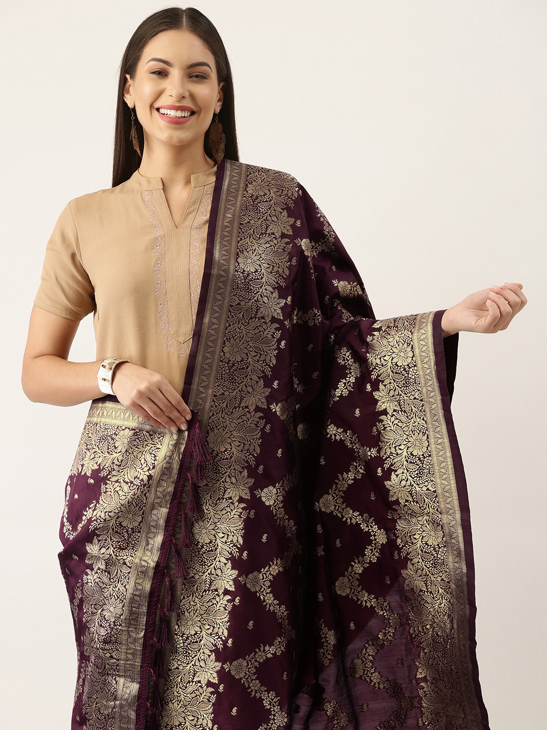 

Silk Land Purple & Gold-Toned Ethnic Motifs Woven Design Pure Banarasi Silk Dupatta