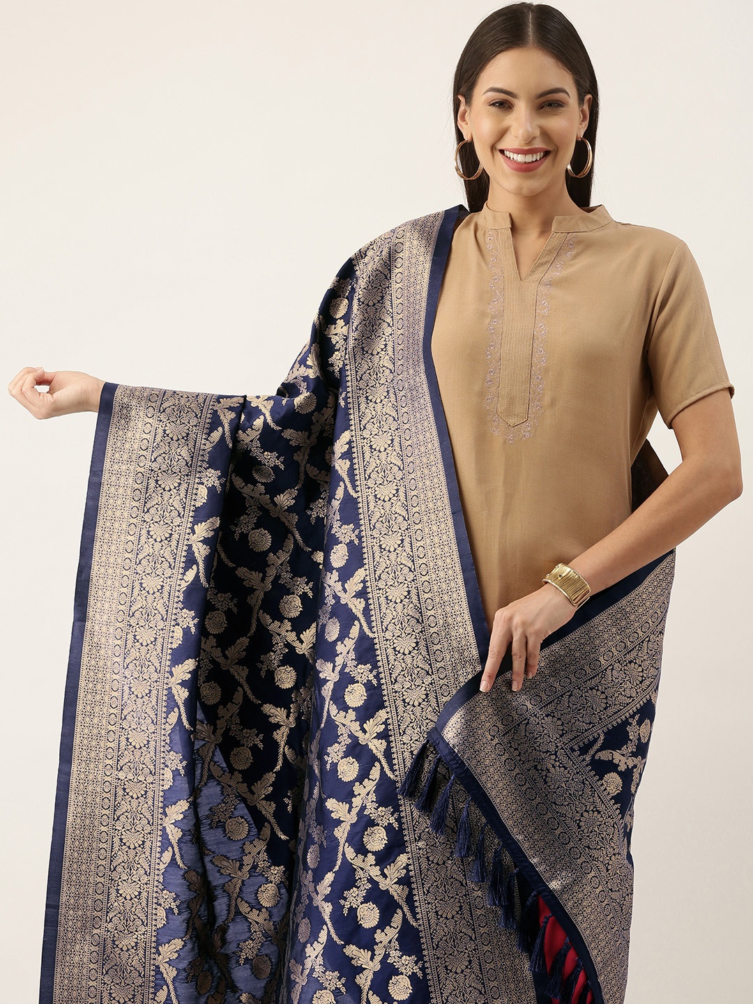 

Silk Land Navy Blue & Gold-Toned Ethnic Motifs Woven Design Pure Banarasi Silk Dupatta