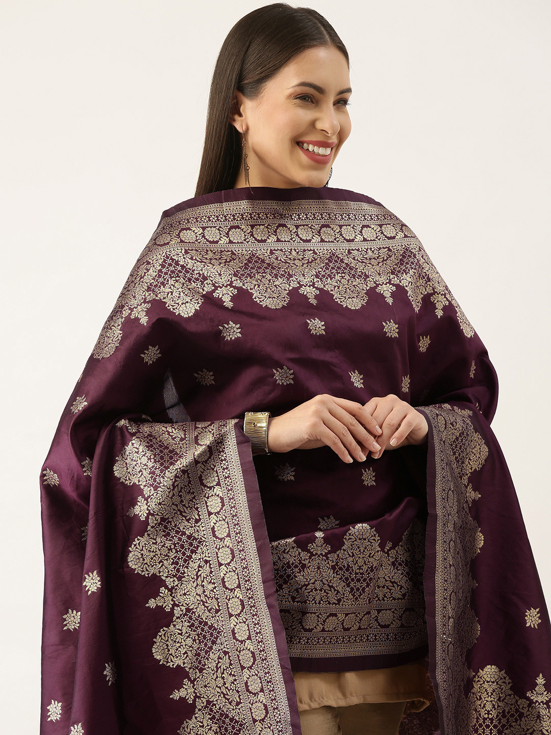 

Silk Land Purple & Gold-Toned Ethnic Motifs Woven Design Pure Banarasi Silk Dupatta