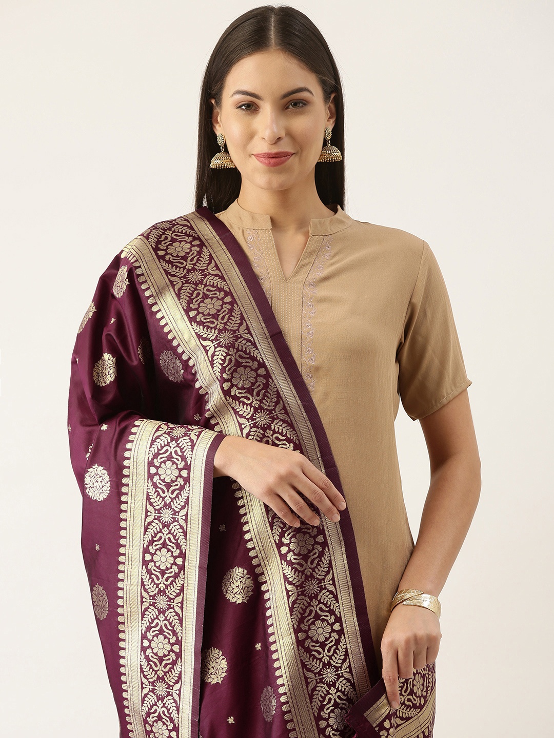 

Silk Land Purple & Gold-Toned Ethnic Motifs Woven Design Pure Banarasi Silk Dupatta