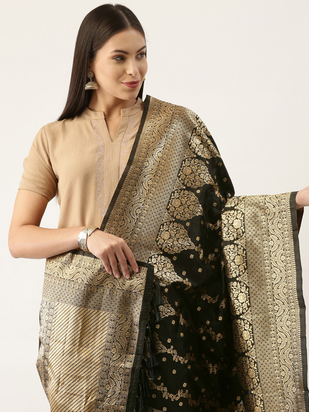 

Silk Land Black & Gold-Toned Ethnic Motifs Woven Design Pure Banarasi Silk Dupatta