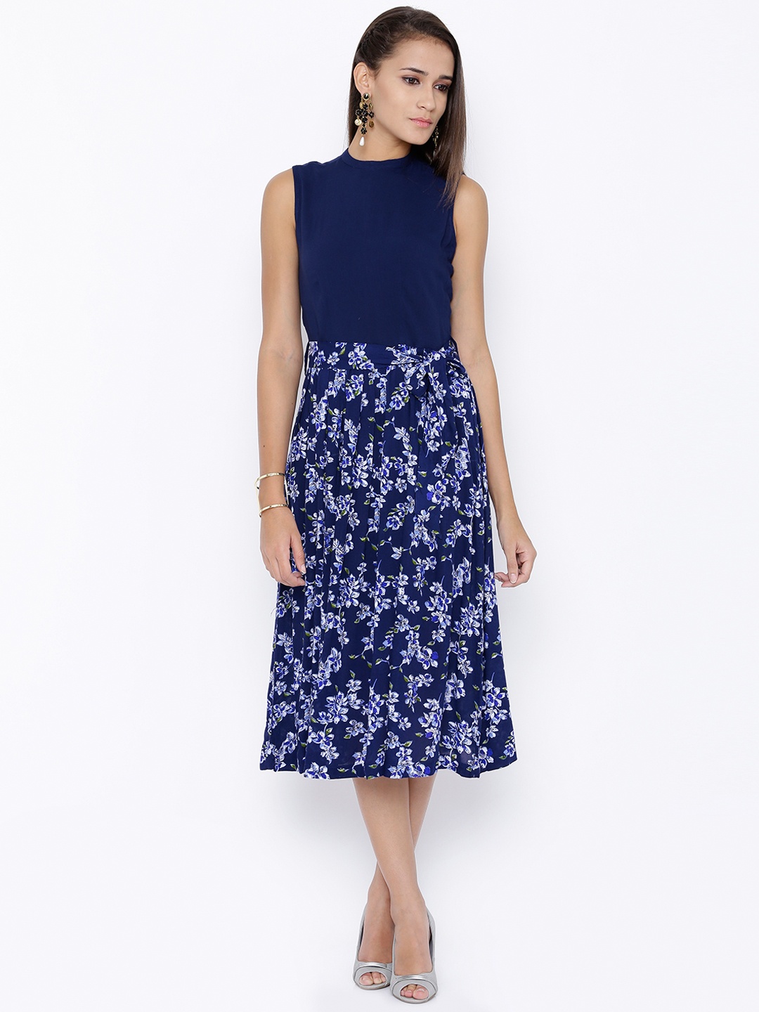 

Tokyo Talkies Women Navy Printed Fit and Flare Dress, Navy blue