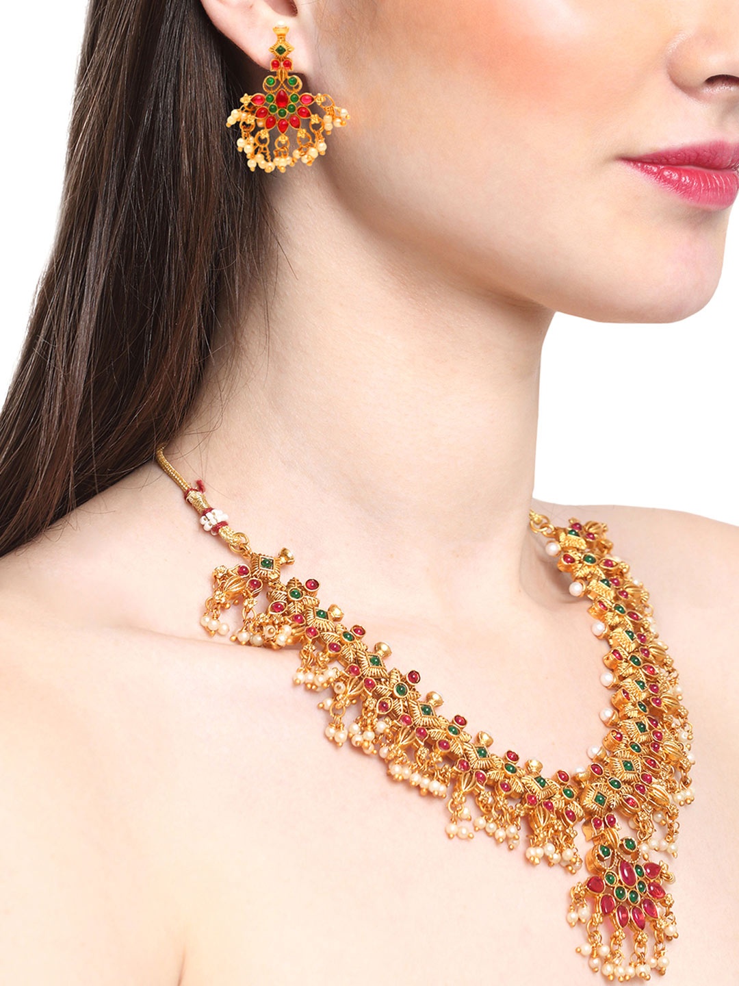 

Yellow Chimes Gold-Plated Kundan studded Design Red Stone-Studded Necklace Set