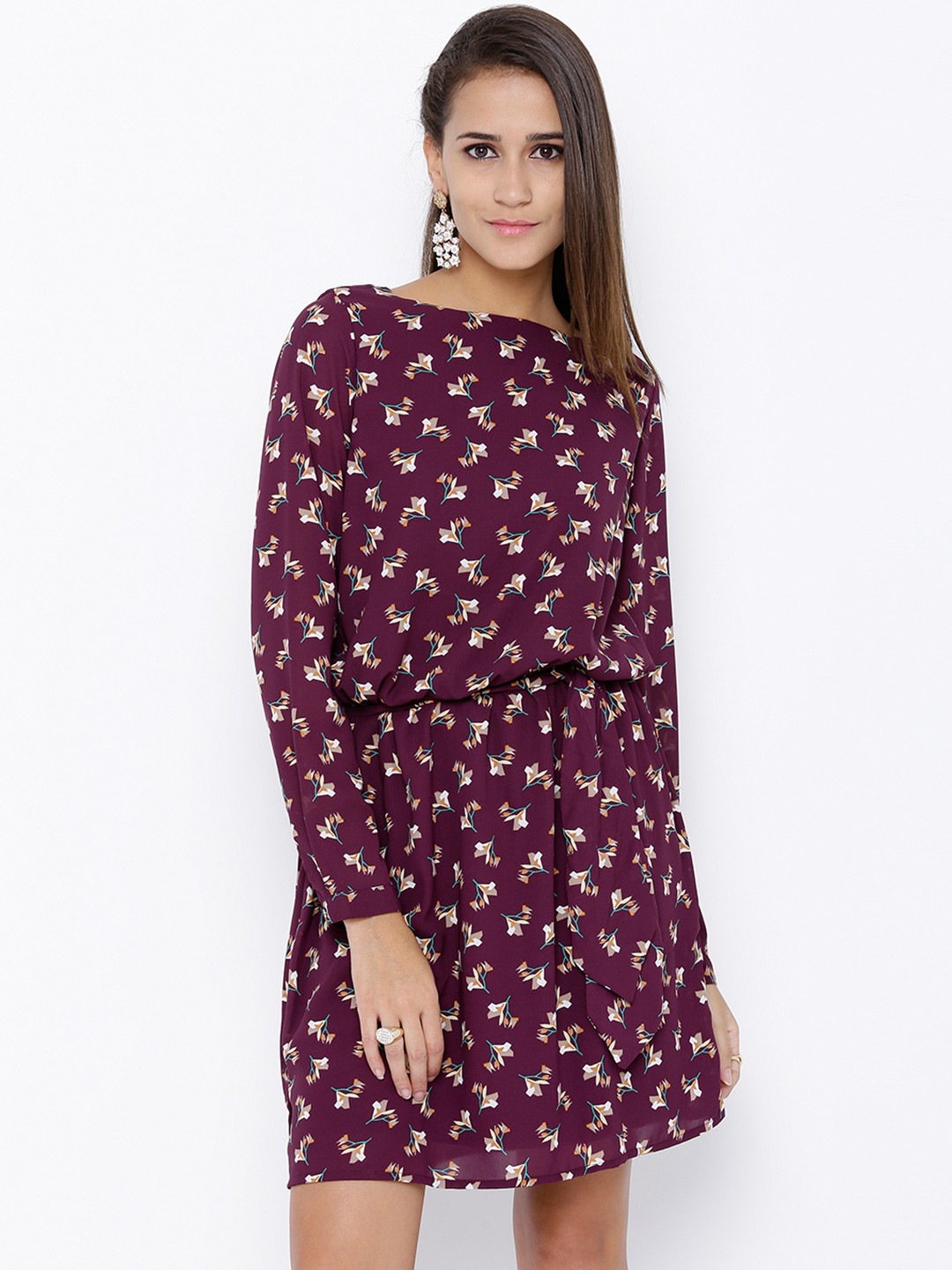 

Tokyo Talkies Women Burgundy Printed A-Line Dress