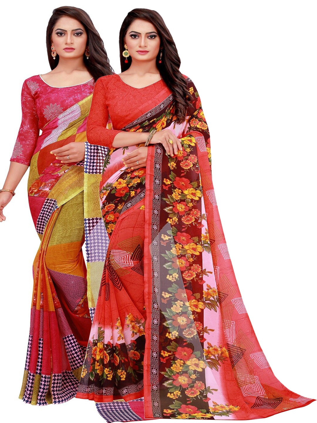 

Florence Pack Of 2 Red & Yellow Floral Printed Pure Georgette Saree