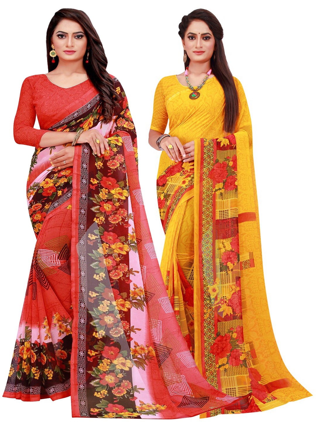 

Florence Set Of 2 Yellow & Red Floral Pure Georgette Saree