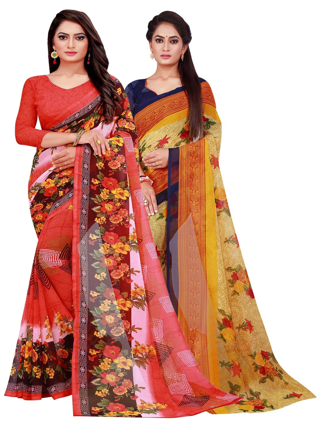 

Florence Pack of 2 Red & Beige Floral Pure Georgette Sarees