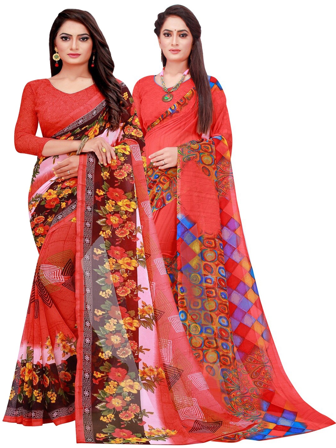 

Florence Pack of 2 Red & Pink Pure Georgette Sarees