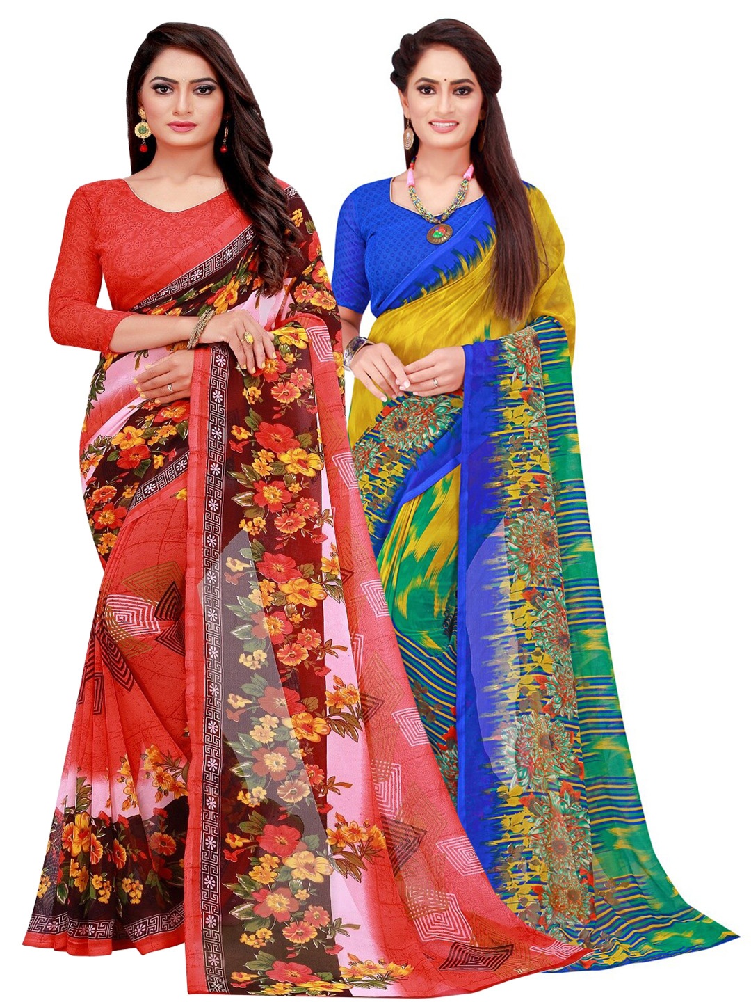 

Florence Pack Of 2 Red & Blue Floral Pure Georgette Saree