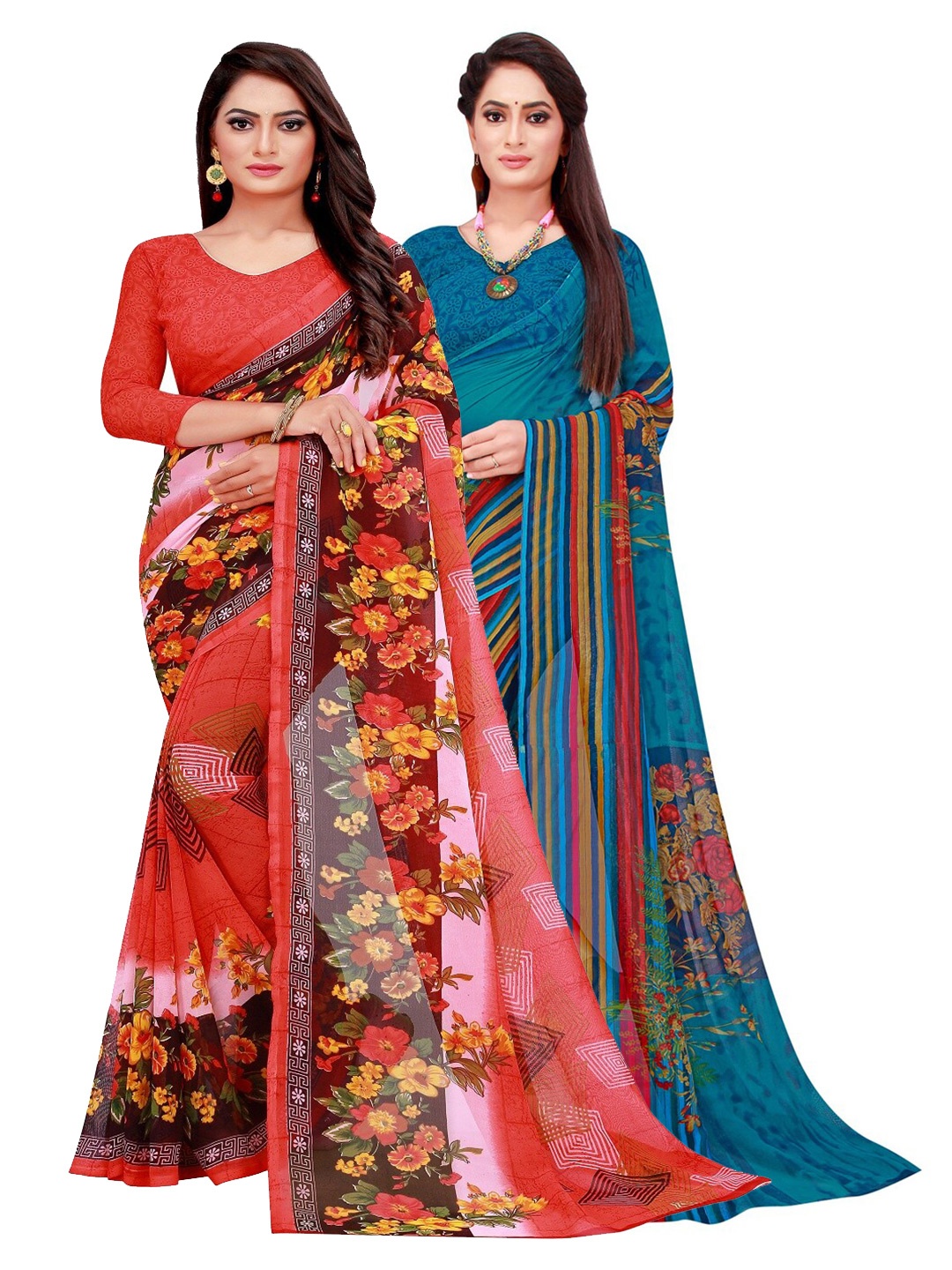 

Florence Pack of 2 Red & Blue Floral Pure Georgette Sarees