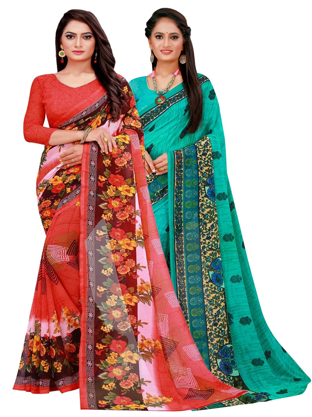 

Florence Red & Teal Floral Printed Pure Georgette Saree Pack Of 2