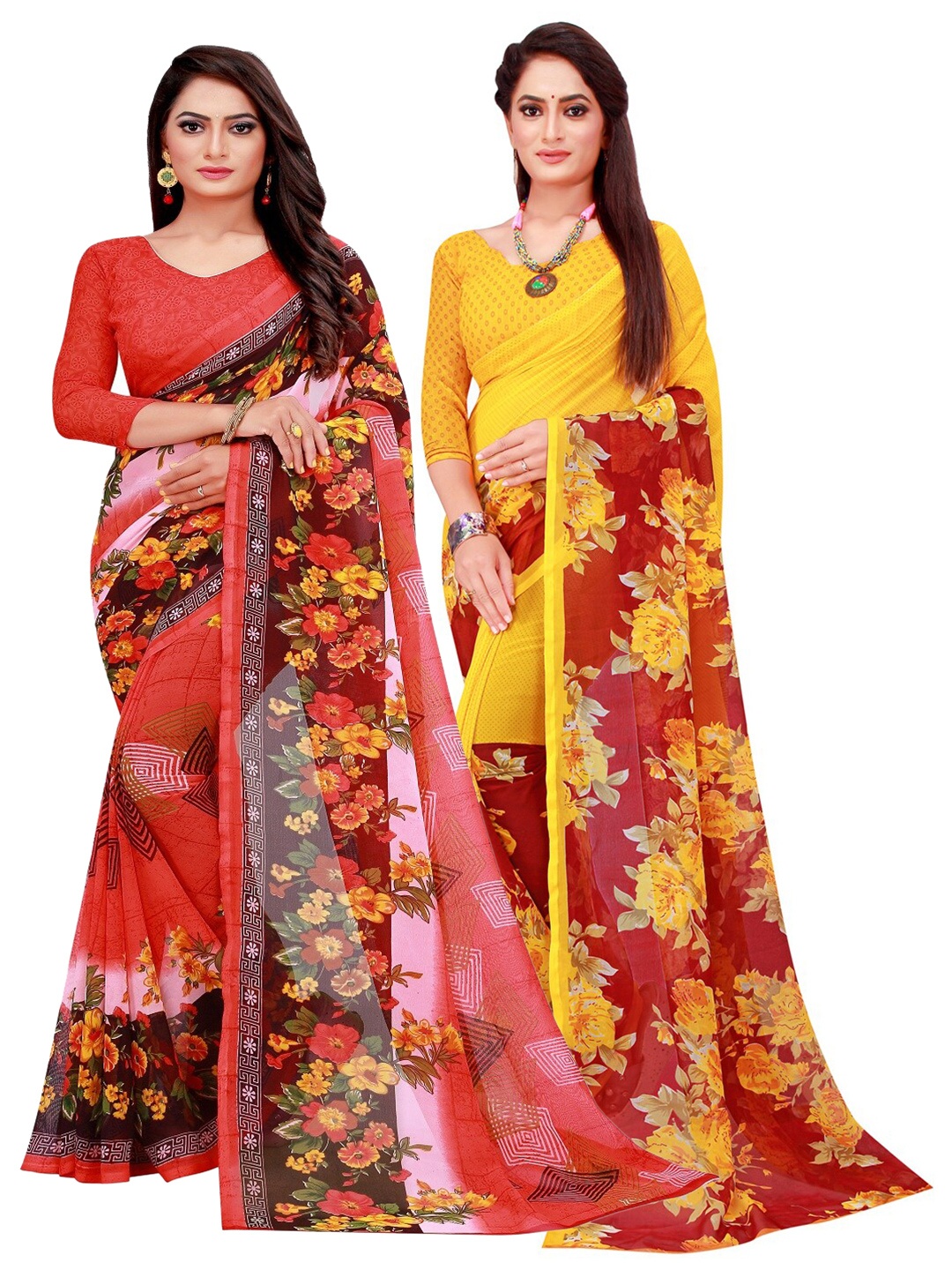 

Florence Set Of 2 Red & Yellow Floral Pure Georgette Saree