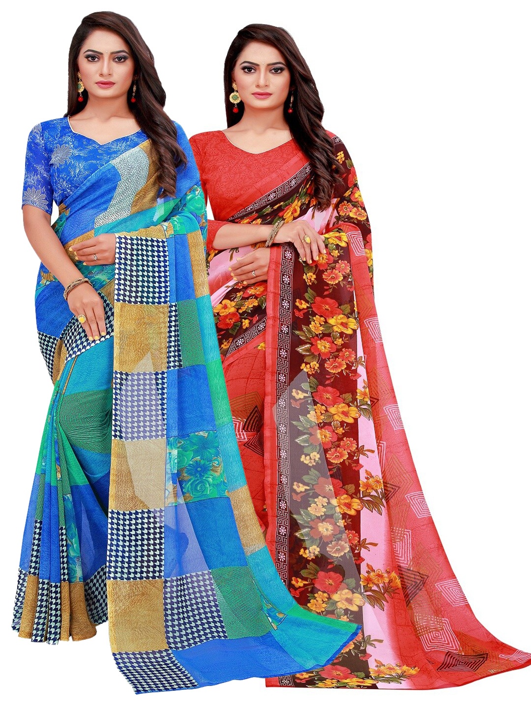 

Florence Blue & Red Floral Printed Pure Georgette Saree Pack Of 2