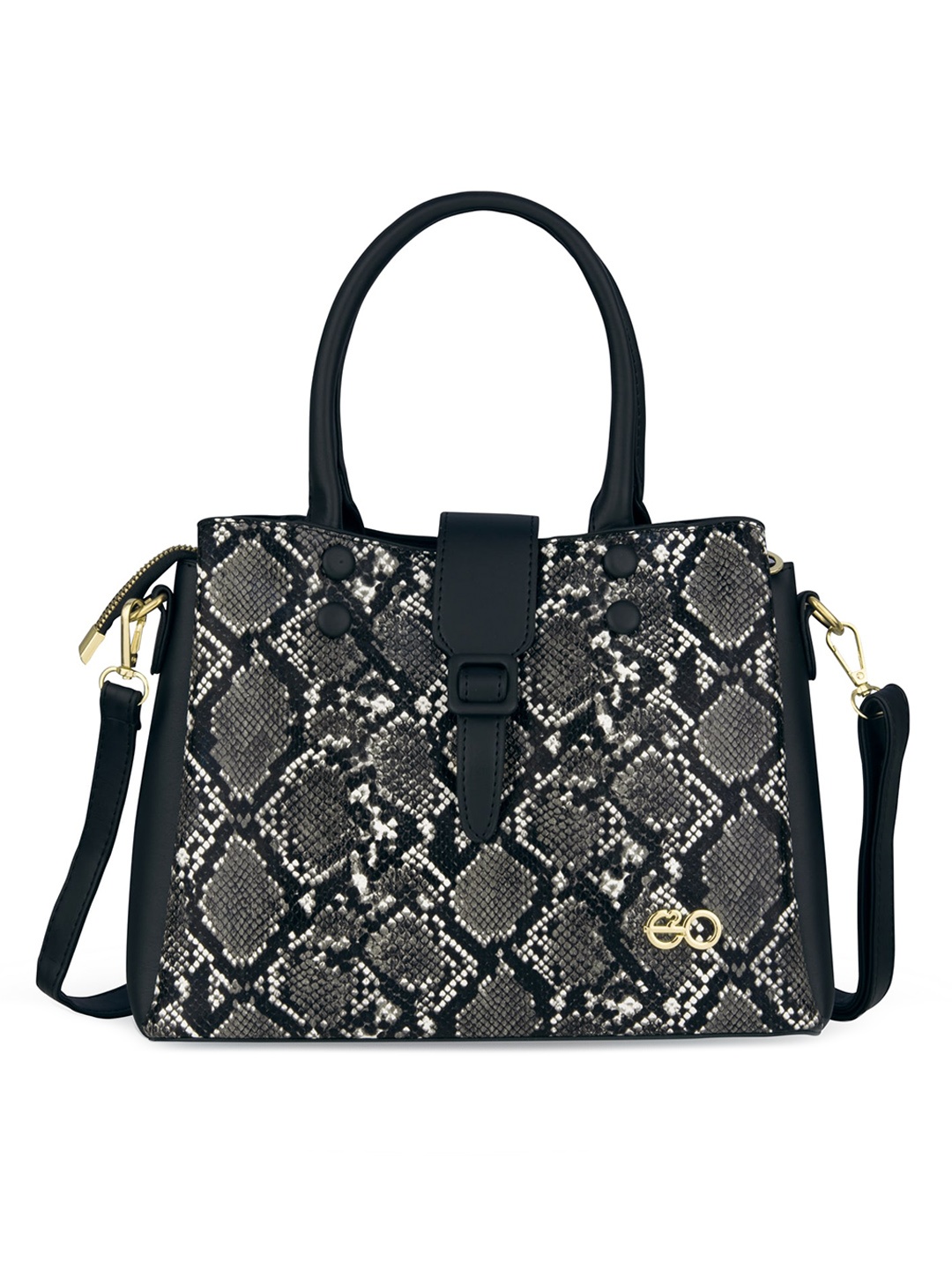 

E2O Black Animal Textured PU Structured Handheld Bag with Quilted