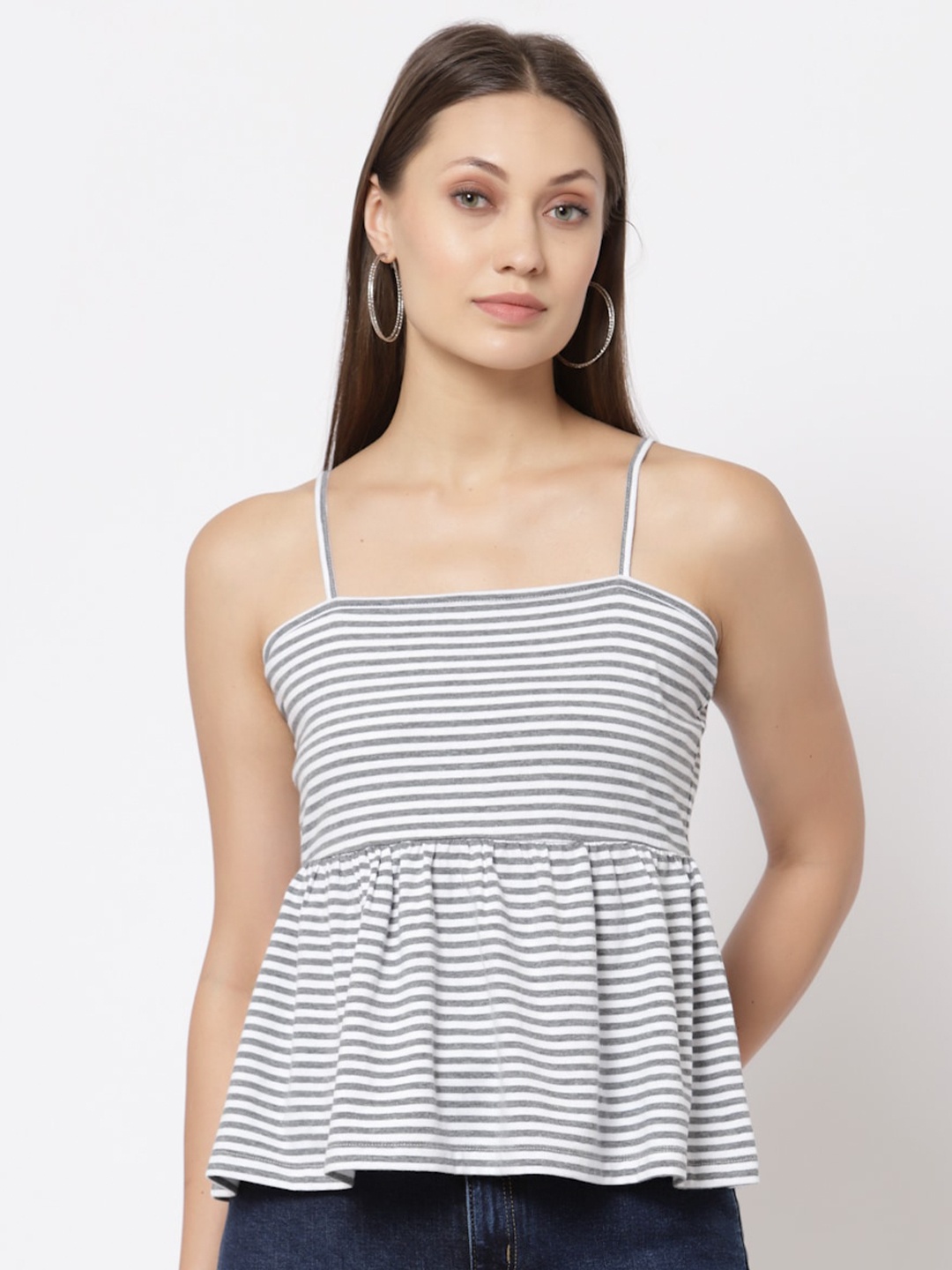 

YOONOY Women White Striped Pure Cotton Peplum Top