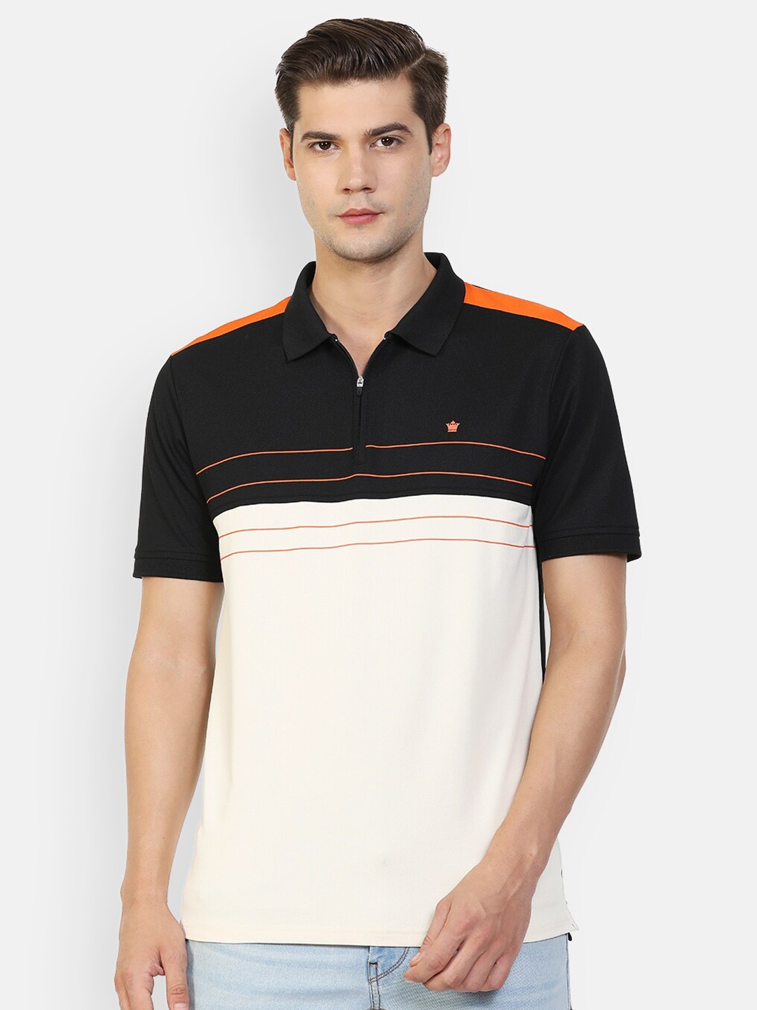 

Louis Philippe Men Black & White Striped Colourblocked Polo Collar T-shirt