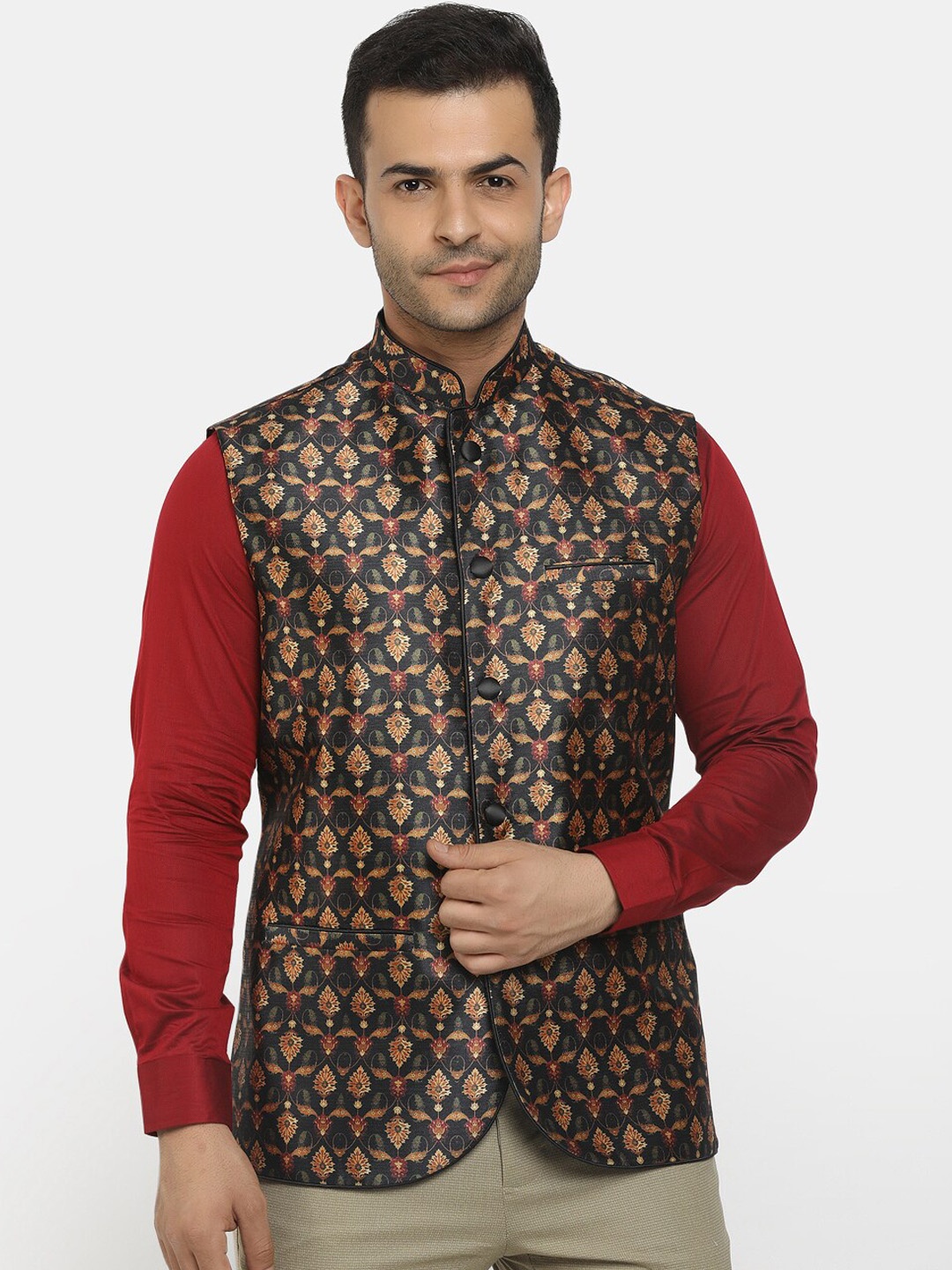 

V-Mart Men Black Cotton Printed Nehru Jackets