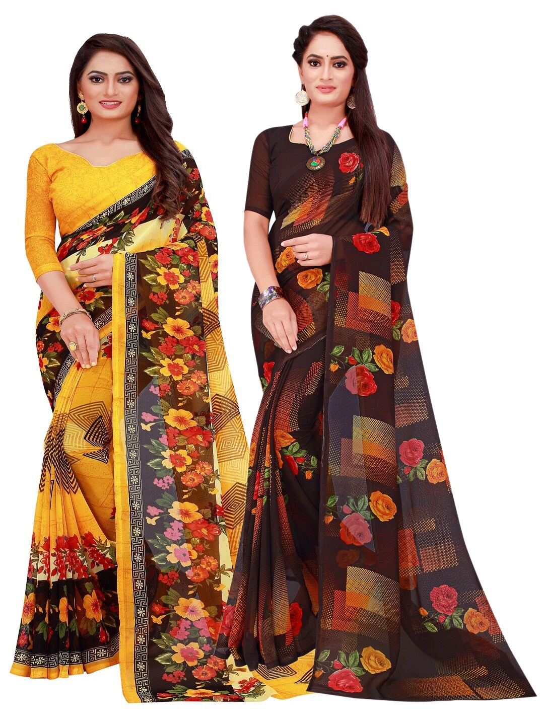 

Florence Pack of 2 Yellow & Black Floral Pure Georgette Sarees