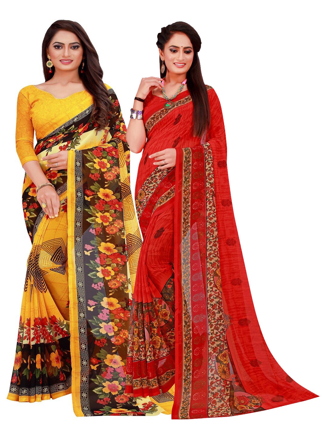 

Florence Yellow & Red Floral Printed Pure Georgette Saree Pack Of 2