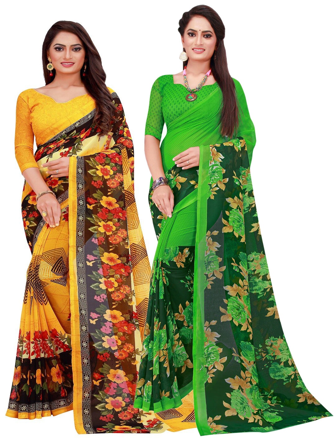 

Florence Pack Of 2 Yellow & Green Floral Pure Georgette Saree