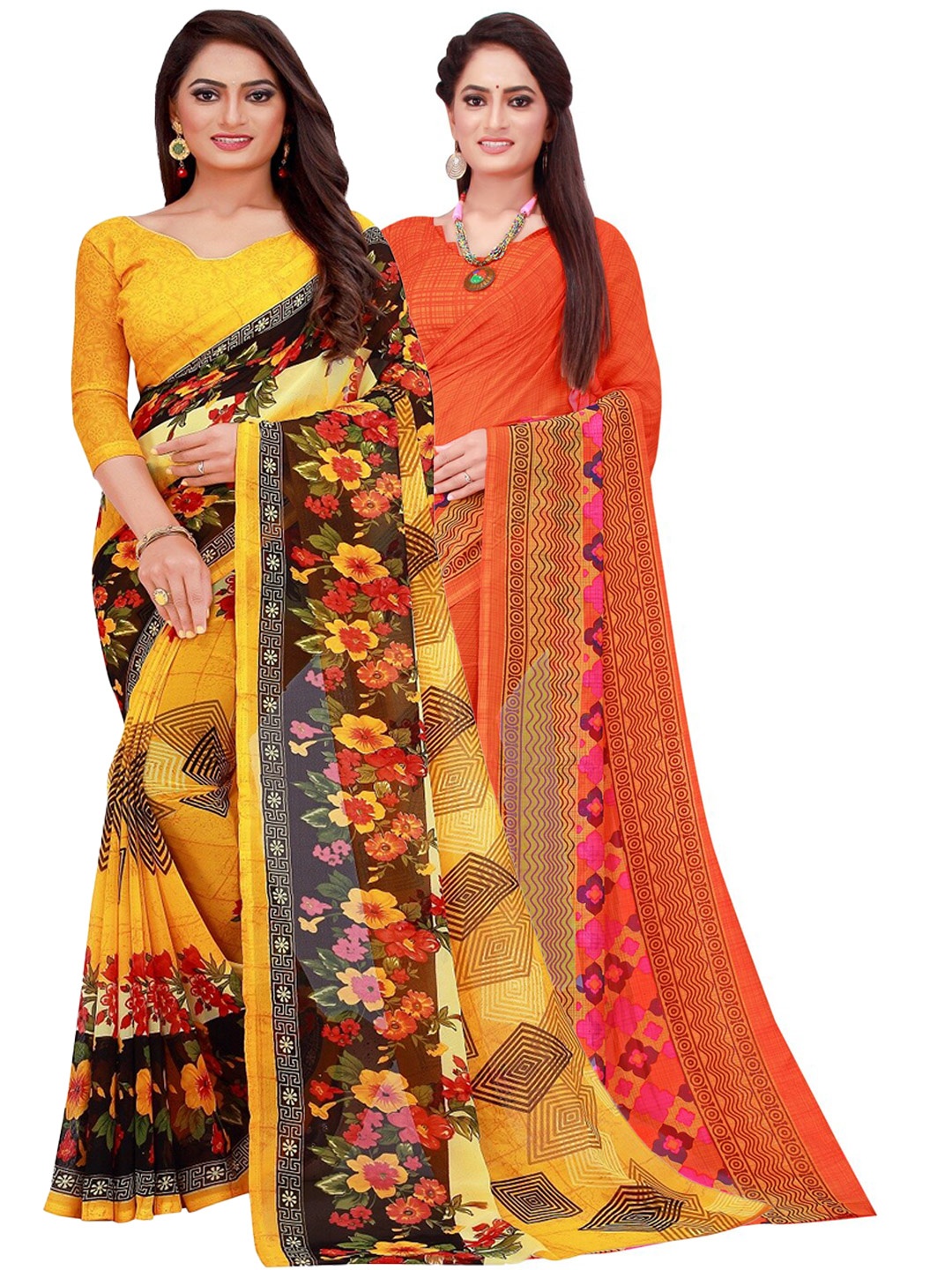 

Florence Pack of 2 Orange & Yellow Floral Pure Georgette Sarees