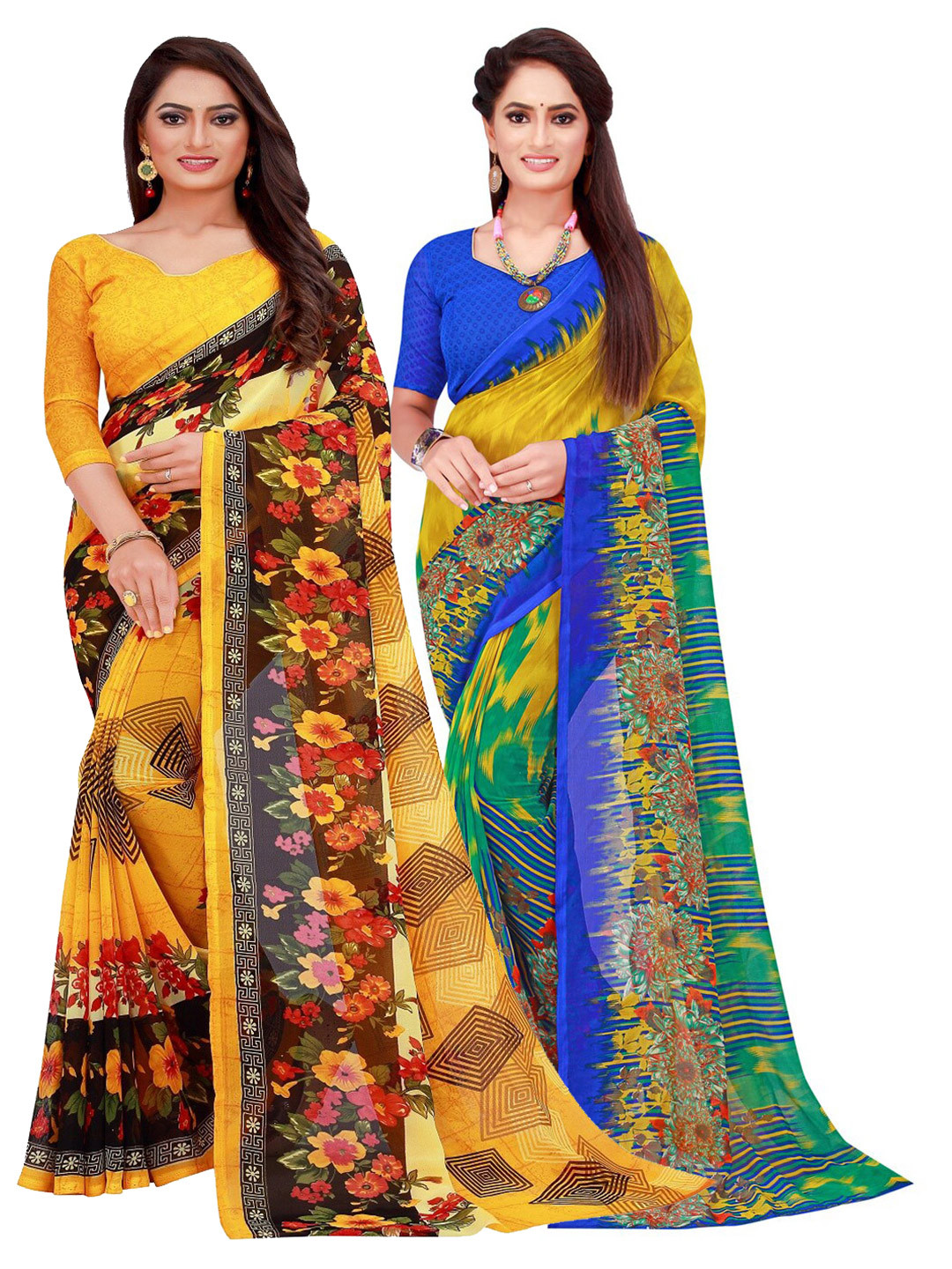 

Florence Yellow & Blue Floral Printed Pure Georgette Saree Pack Of 2
