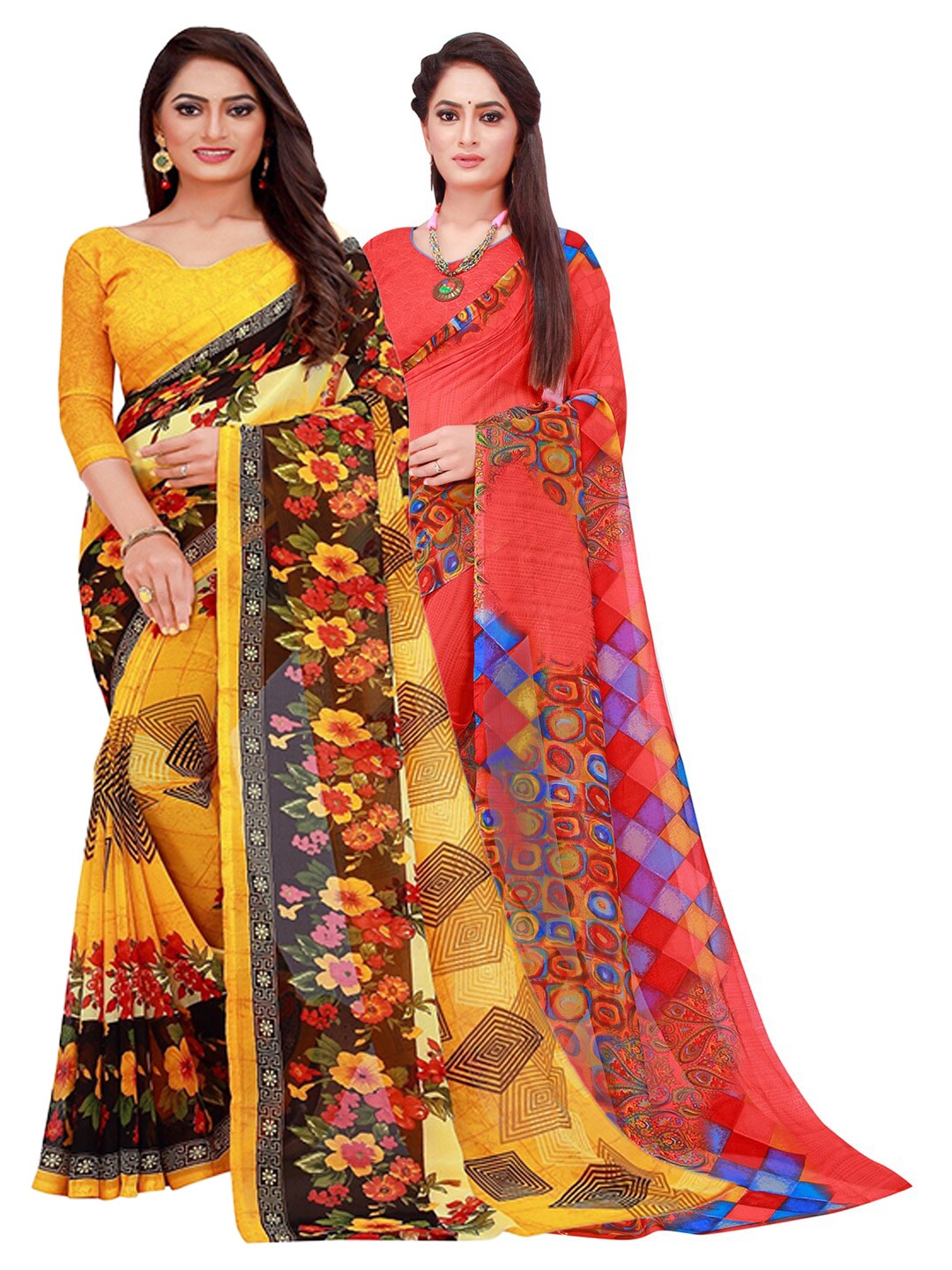 

Florence Pack Of 2 Red & Pink Floral Printed Pure Georgette Saree