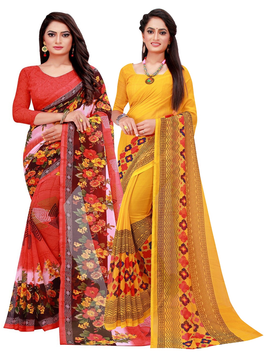 

SAADHVI Pack of 2 Red & Yellow Floral Pure Georgette Sarees