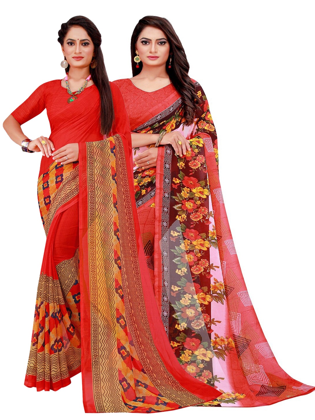 

SAADHVI Pack Of 2Red & Green Floral Pure Georgette Saree, Red