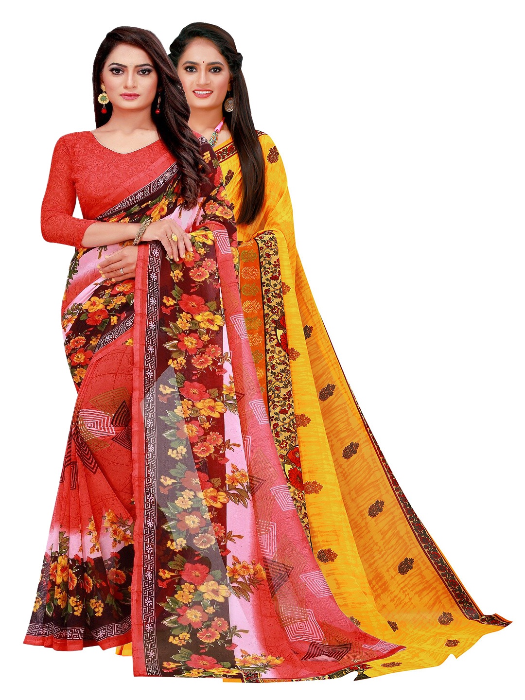 

SAADHVI Red & Yellow Set Of 2 Floral Pure Georgette Saree
