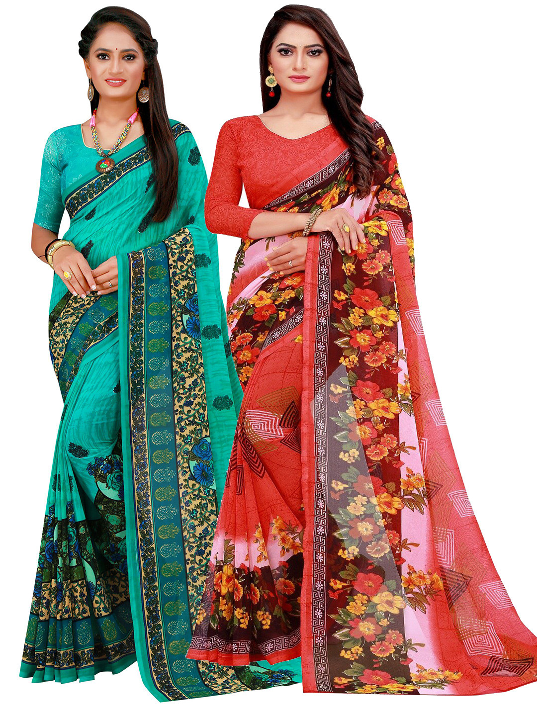

SAADHVI Red & Teal Set of 2 Floral Printed Pure Georgette Saree