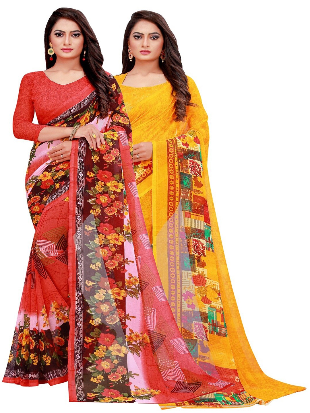 

SAADHVI Pack of 2 Printed Pure Georgette Sarees, Red