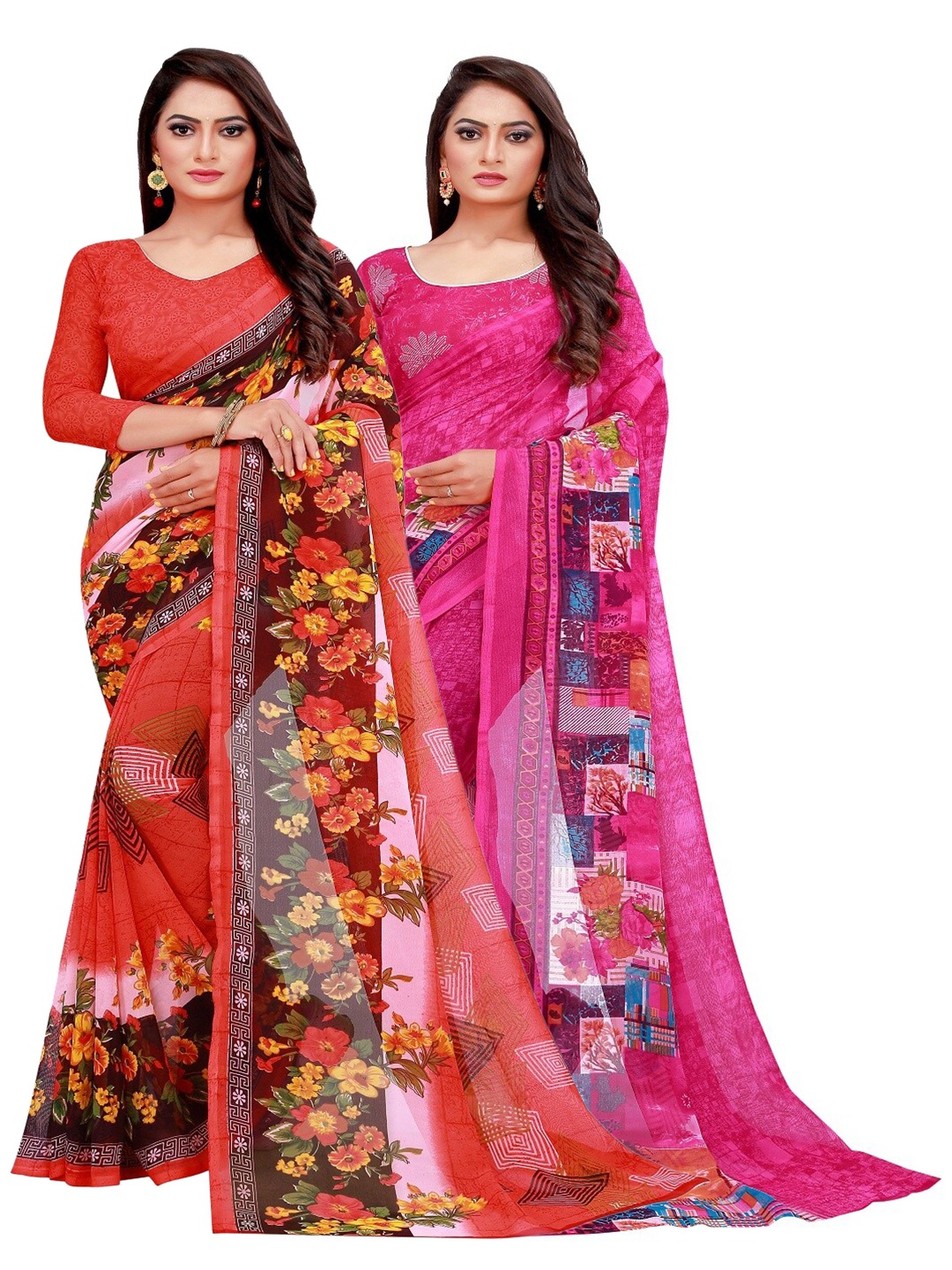 

SAADHVI Set Of 2 Red & Magenta Floral Pure Georgette Saree